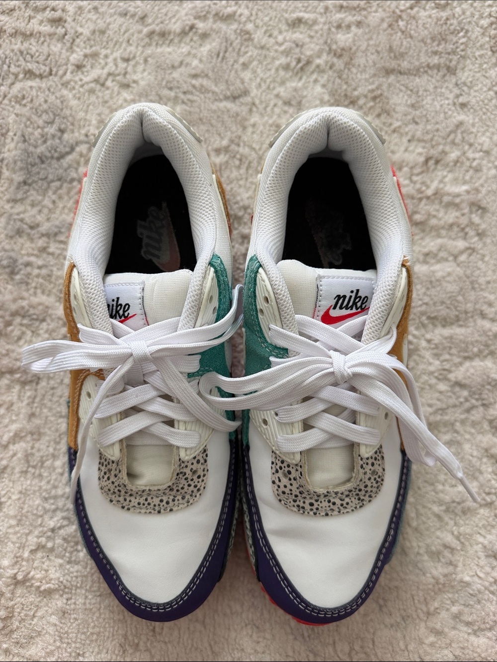 Nike Air Max 90 Safari Mix Sneakers with Green, Purple, Tan, Coral Accents